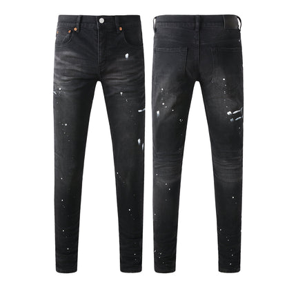 Men’s Black Skinny Jeans with White Paint Splatter Detailing Streetwear Stretch Denim Pants 9098