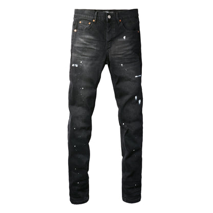 Men’s Black Skinny Jeans with White Paint Splatter Detailing Streetwear Stretch Denim Pants 9098
