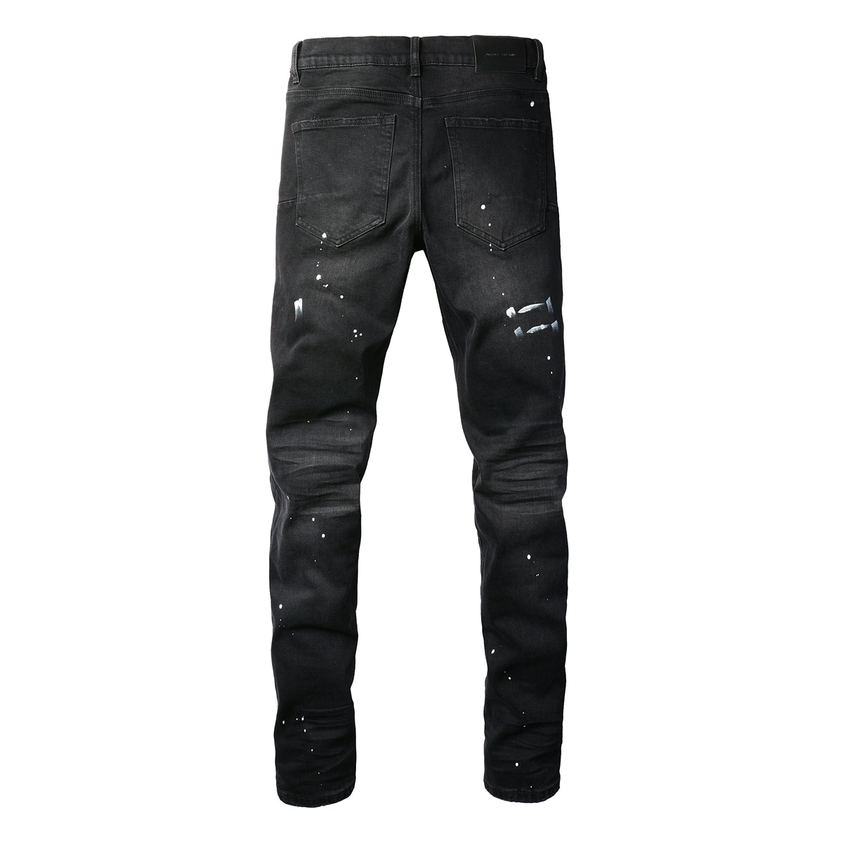 Men’s Black Skinny Jeans with White Paint Splatter Detailing Streetwear Stretch Denim Pants 9098
