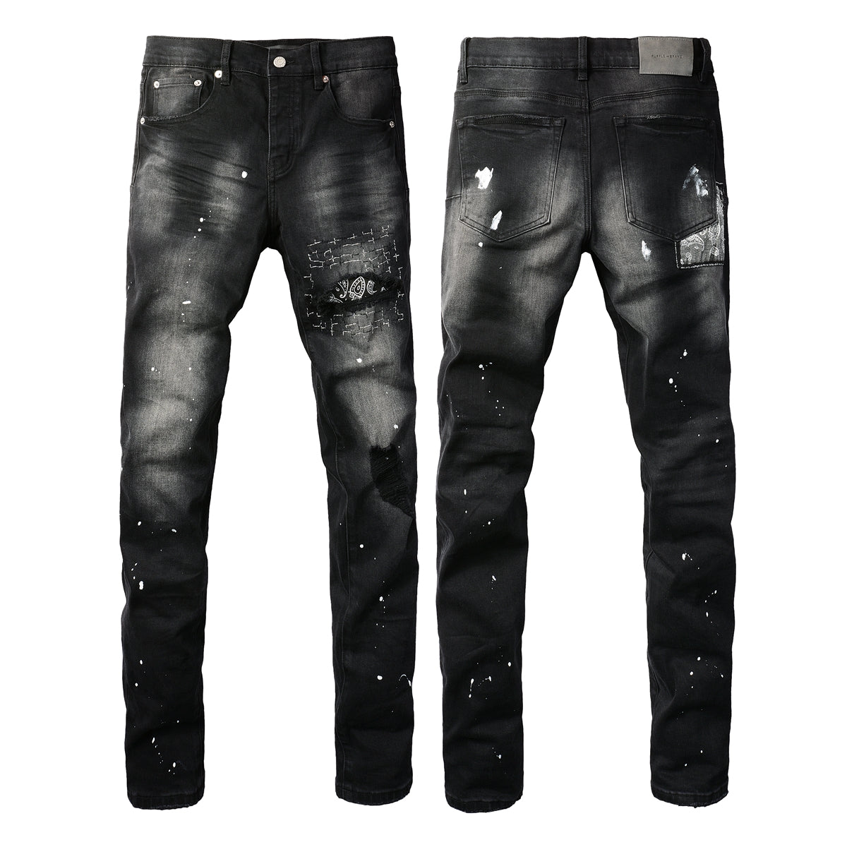 Men Streetwear Jeans Distressed Black Paint Splash Patch Ripped Skinny 9099