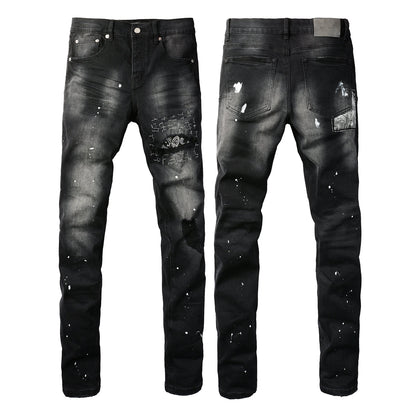 Men Streetwear Jeans Distressed Black Paint Splash Patch Ripped Skinny 9099