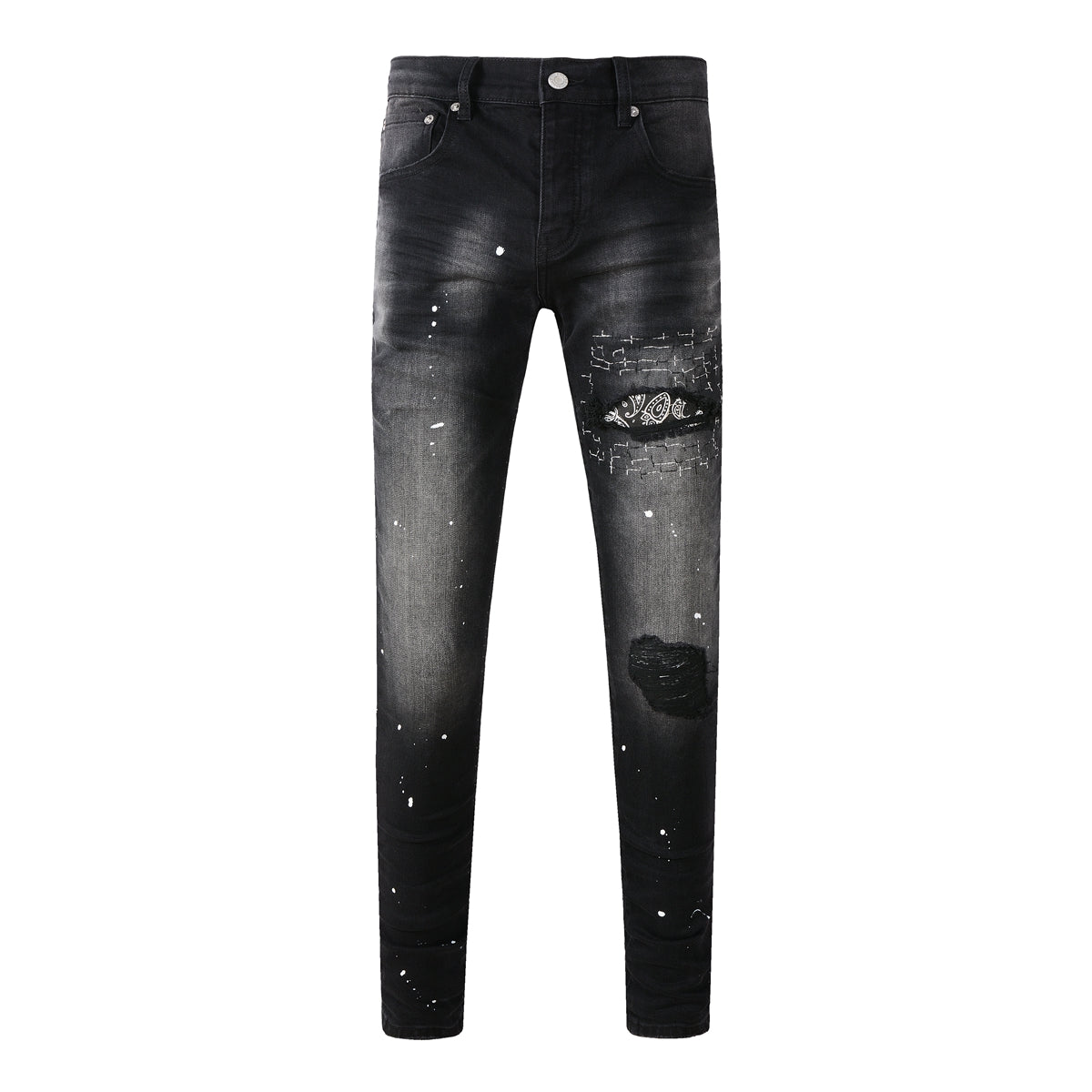 Men Streetwear Jeans Distressed Black Paint Splash Patch Ripped Skinny 9099