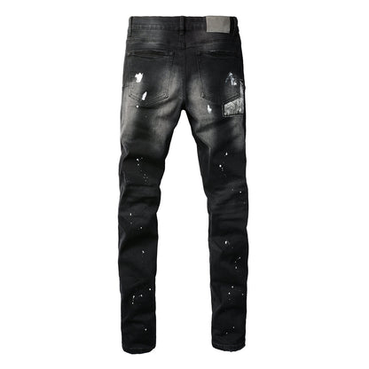 Men Streetwear Jeans Distressed Black Paint Splash Patch Ripped Skinny 9099