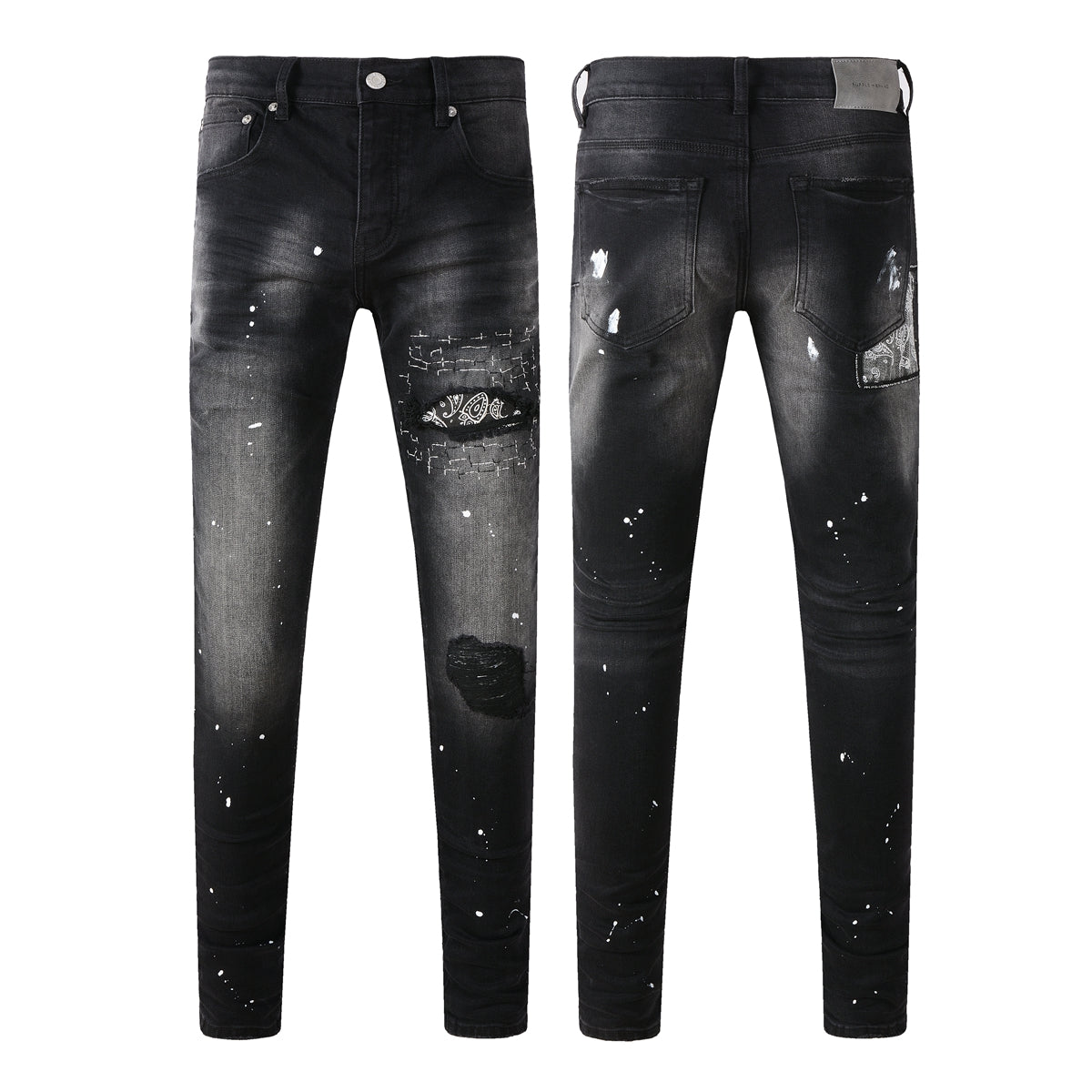 Men Streetwear Jeans Distressed Black Paint Splash Patch Ripped Skinny 9099