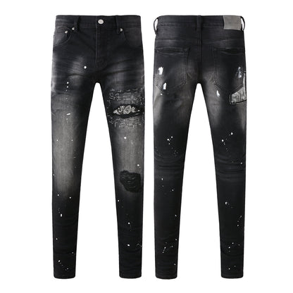 Men Streetwear Jeans Distressed Black Paint Splash Patch Ripped Skinny 9099