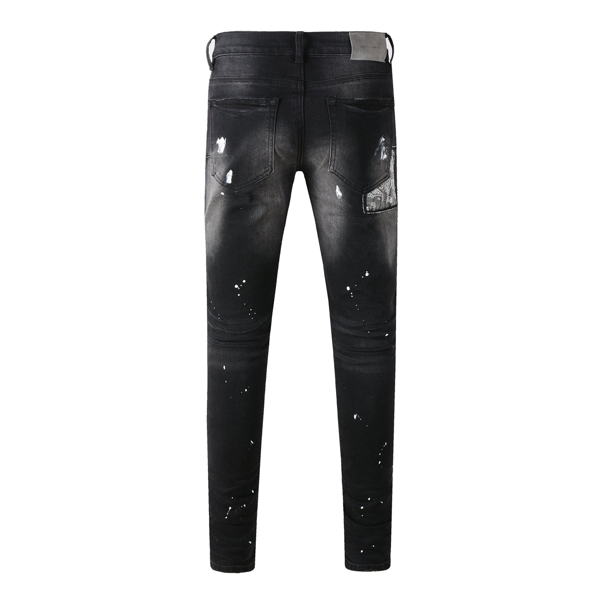 Men Streetwear Jeans Distressed Black Paint Splash Patch Ripped Skinny 9099