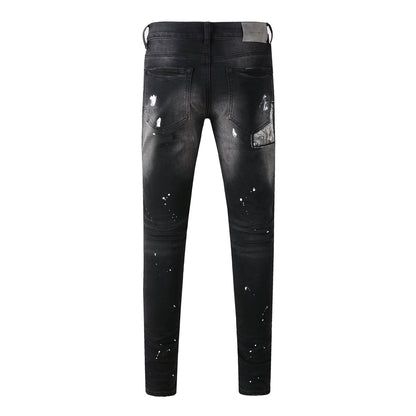 Men Streetwear Jeans Distressed Black Paint Splash Patch Ripped Skinny 9099