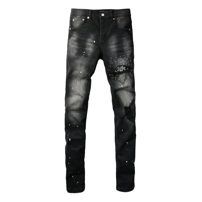 Men Streetwear Jeans Distressed Black Paint Splash Patch Ripped Skinny 9099