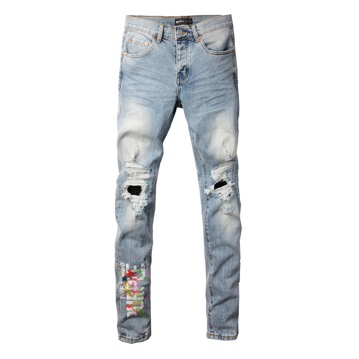 Men Streetwear Jeans Light Blue Ripped Graffiti Print Distressed Skinny 9101