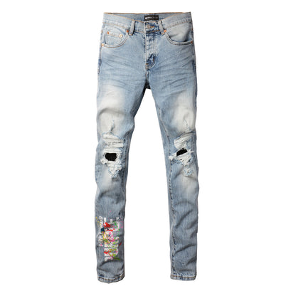 Men Streetwear Jeans Light Blue Ripped Graffiti Print Distressed Skinny 9101
