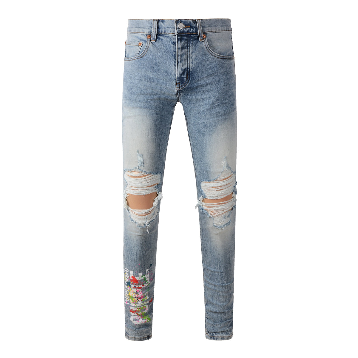 Men Streetwear Jeans Light Blue Ripped Graffiti Print Distressed Skinny 9101