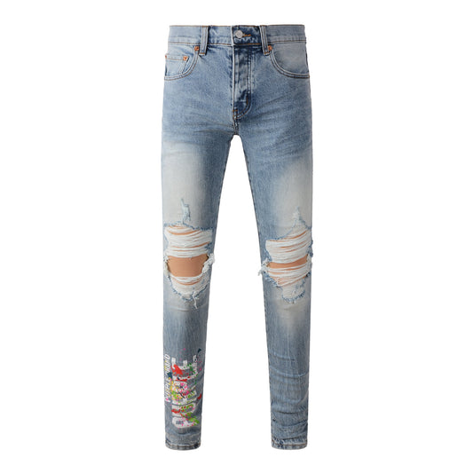 Men Streetwear Jeans Light Blue Ripped Graffiti Print Distressed Skinny 9101