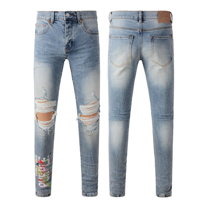 Men Streetwear Jeans Light Blue Ripped Graffiti Print Distressed Skinny 9101