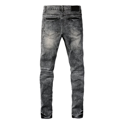Men Distressed Grey Washed Skinny Jeans Ripped Scratch Style 9105