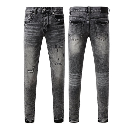 Men Distressed Grey Washed Skinny Jeans Ripped Scratch Style 9105