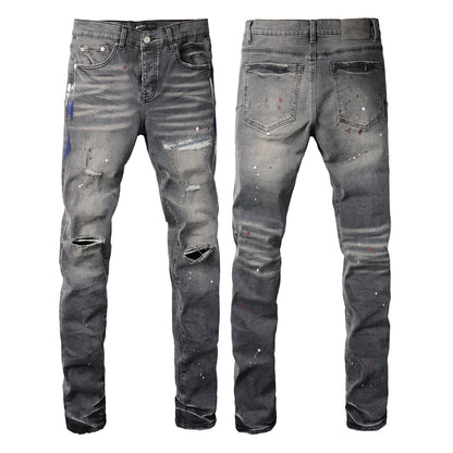 Men Streetwear Distressed Grey Skinny Jeans with Color Paint Splatter and Knee Rips 9107
