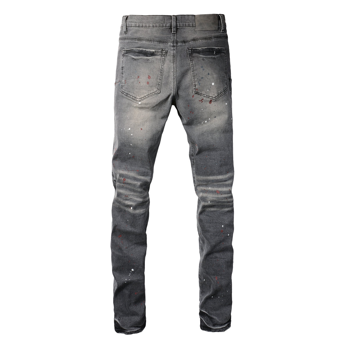 Men Streetwear Distressed Grey Skinny Jeans with Color Paint Splatter and Knee Rips 9107