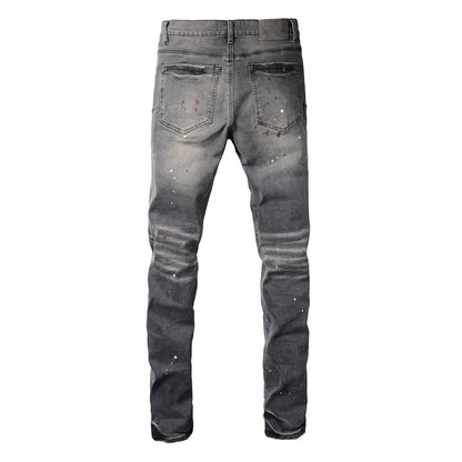 Men Streetwear Distressed Grey Skinny Jeans with Color Paint Splatter and Knee Rips 9107