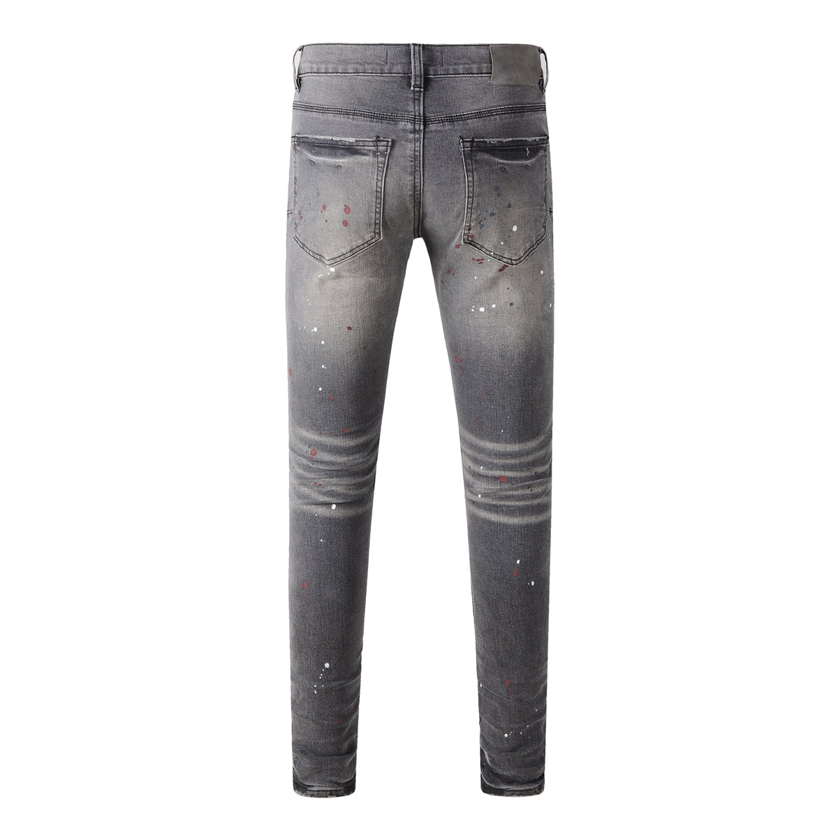 Men Streetwear Distressed Grey Skinny Jeans with Color Paint Splatter and Knee Rips 9107