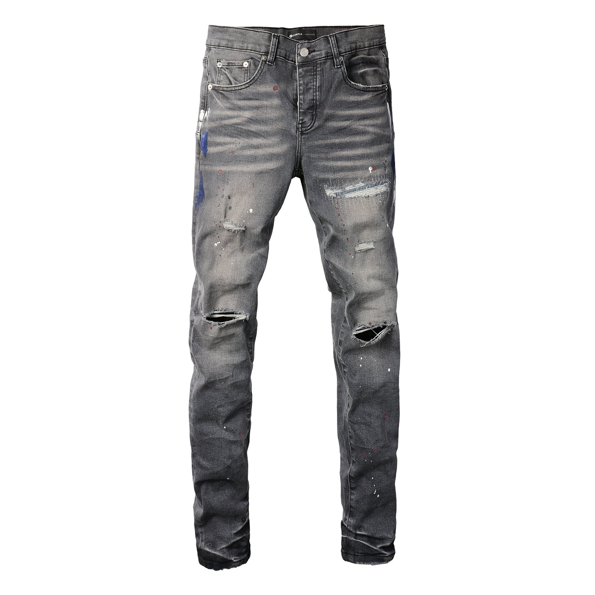 Men Streetwear Distressed Grey Skinny Jeans with Color Paint Splatter and Knee Rips 9107