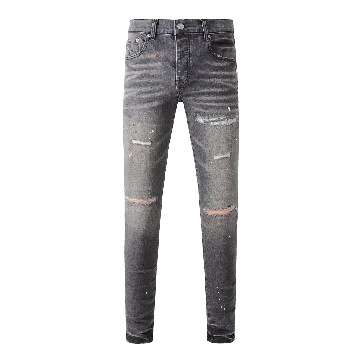 Men Streetwear Distressed Grey Skinny Jeans with Color Paint Splatter and Knee Rips 9107