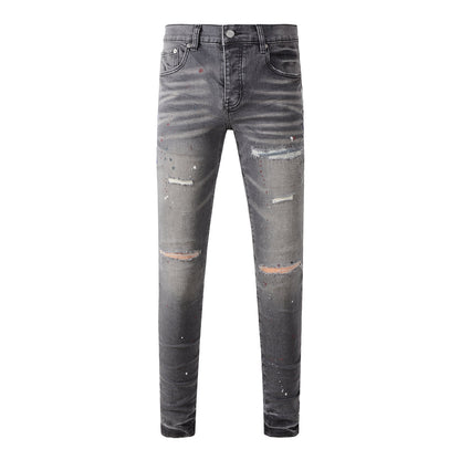 Men Streetwear Distressed Grey Skinny Jeans with Color Paint Splatter and Knee Rips 9107