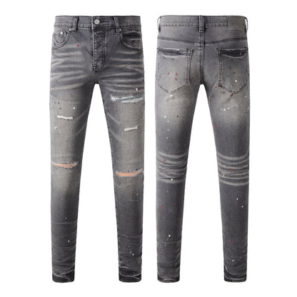 Men Streetwear Distressed Grey Skinny Jeans with Color Paint Splatter and Knee Rips 9107