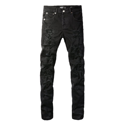 Men Distressed Black Skinny Jeans with Heavy Ripped Design and Grunge Streetwear Vibe 9108