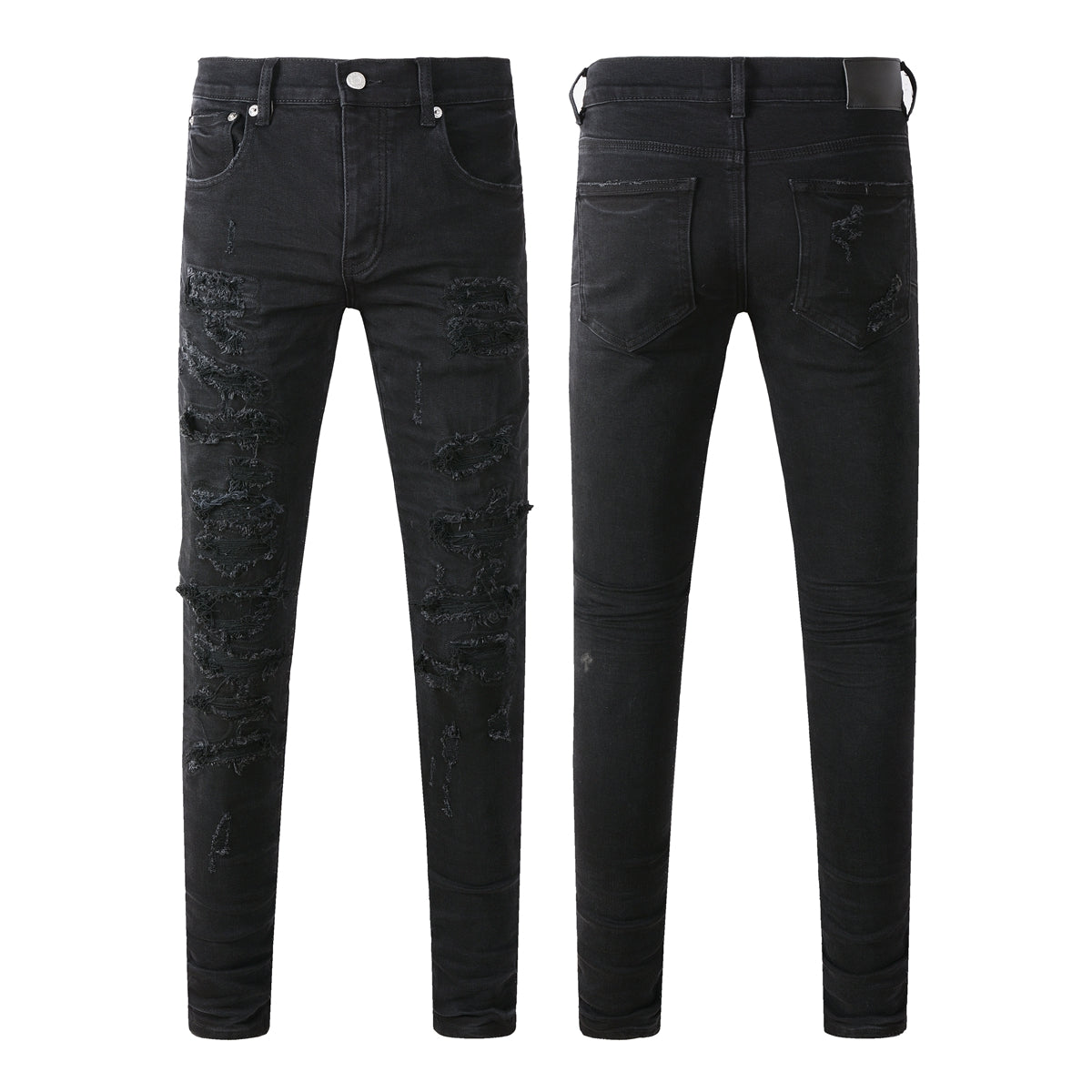 Men Distressed Black Skinny Jeans with Heavy Ripped Design and Grunge Streetwear Vibe 9108