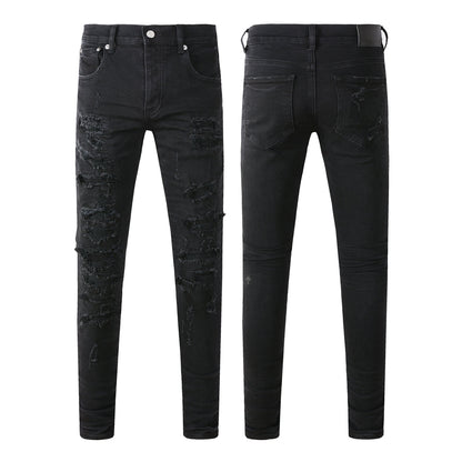 Men Distressed Black Skinny Jeans with Heavy Ripped Design and Grunge Streetwear Vibe 9108