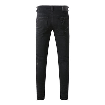 Men Distressed Black Skinny Jeans with Heavy Ripped Design and Grunge Streetwear Vibe 9108