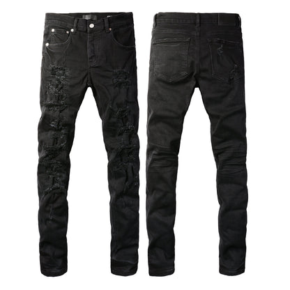 Men Distressed Black Skinny Jeans with Heavy Ripped Design and Grunge Streetwear Vibe 9108