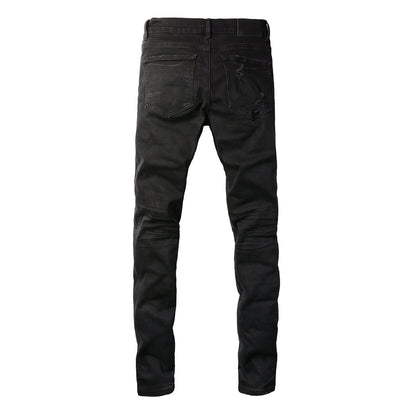 Men Distressed Black Skinny Jeans with Heavy Ripped Design and Grunge Streetwear Vibe 9108