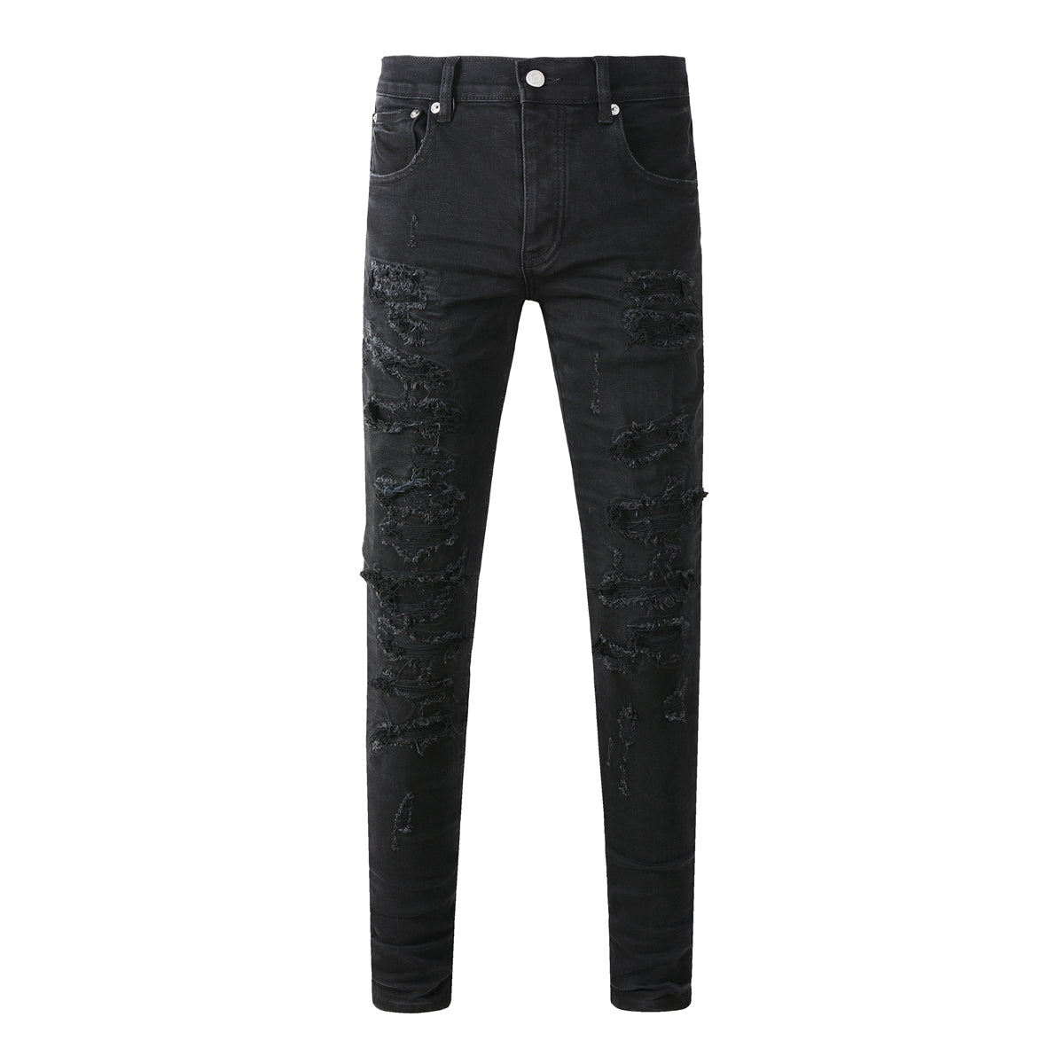Men Distressed Black Skinny Jeans with Heavy Ripped Design and Grunge Streetwear Vibe 9108