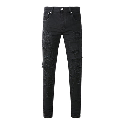 Men Distressed Black Skinny Jeans with Heavy Ripped Design and Grunge Streetwear Vibe 9108