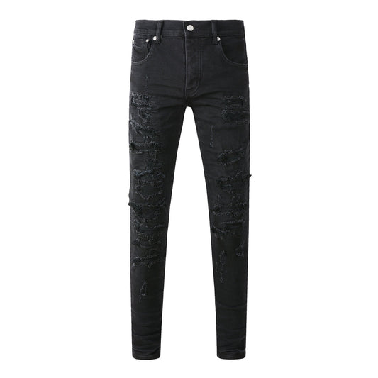 Men Distressed Black Skinny Jeans with Heavy Ripped Design and Grunge Streetwear Vibe 9108