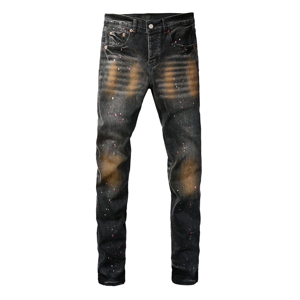 Men’s Black Skinny Jeans with Rust-Toned Wash and Multicolor Paint Splatter Artistic Distressed Street 9109