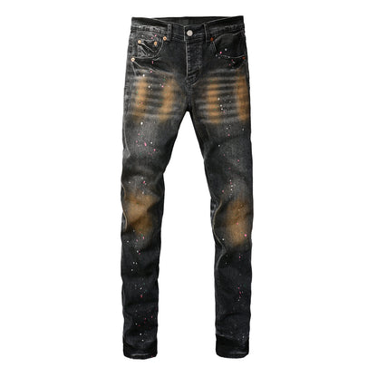 Men’s Black Skinny Jeans with Rust-Toned Wash and Multicolor Paint Splatter Artistic Distressed Street 9109