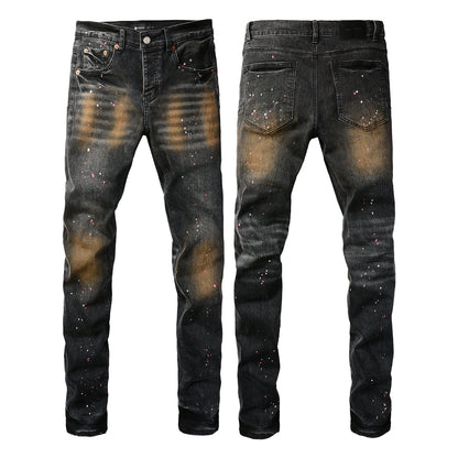Men’s Black Skinny Jeans with Rust-Toned Wash and Multicolor Paint Splatter Artistic Distressed Street 9109