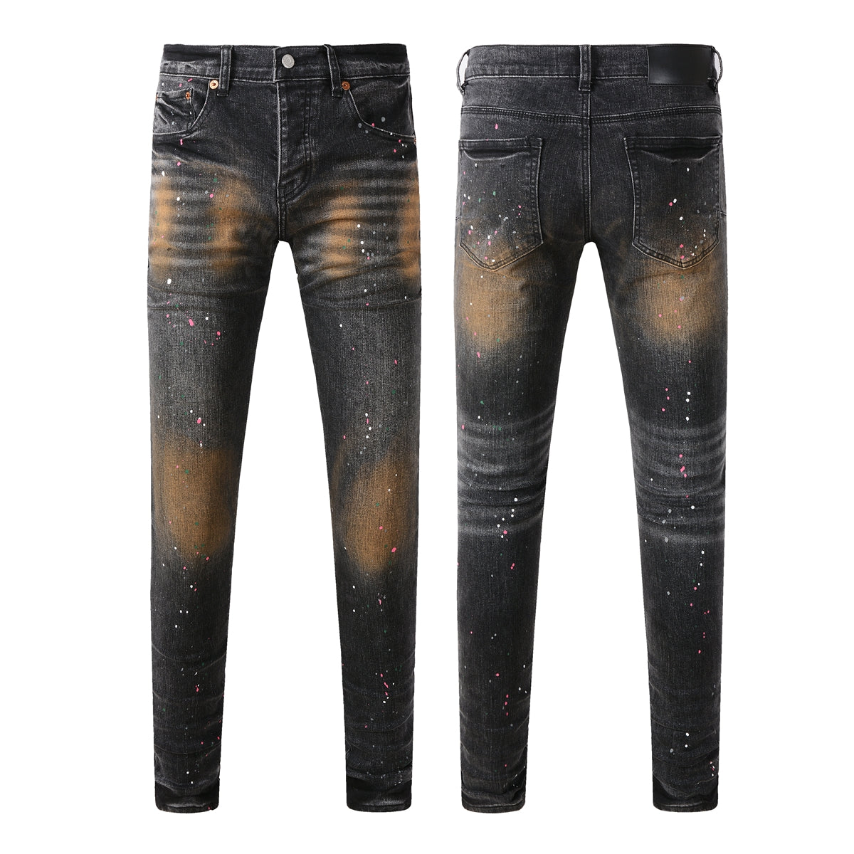 Men’s Black Skinny Jeans with Rust-Toned Wash and Multicolor Paint Splatter Artistic Distressed Street 9109