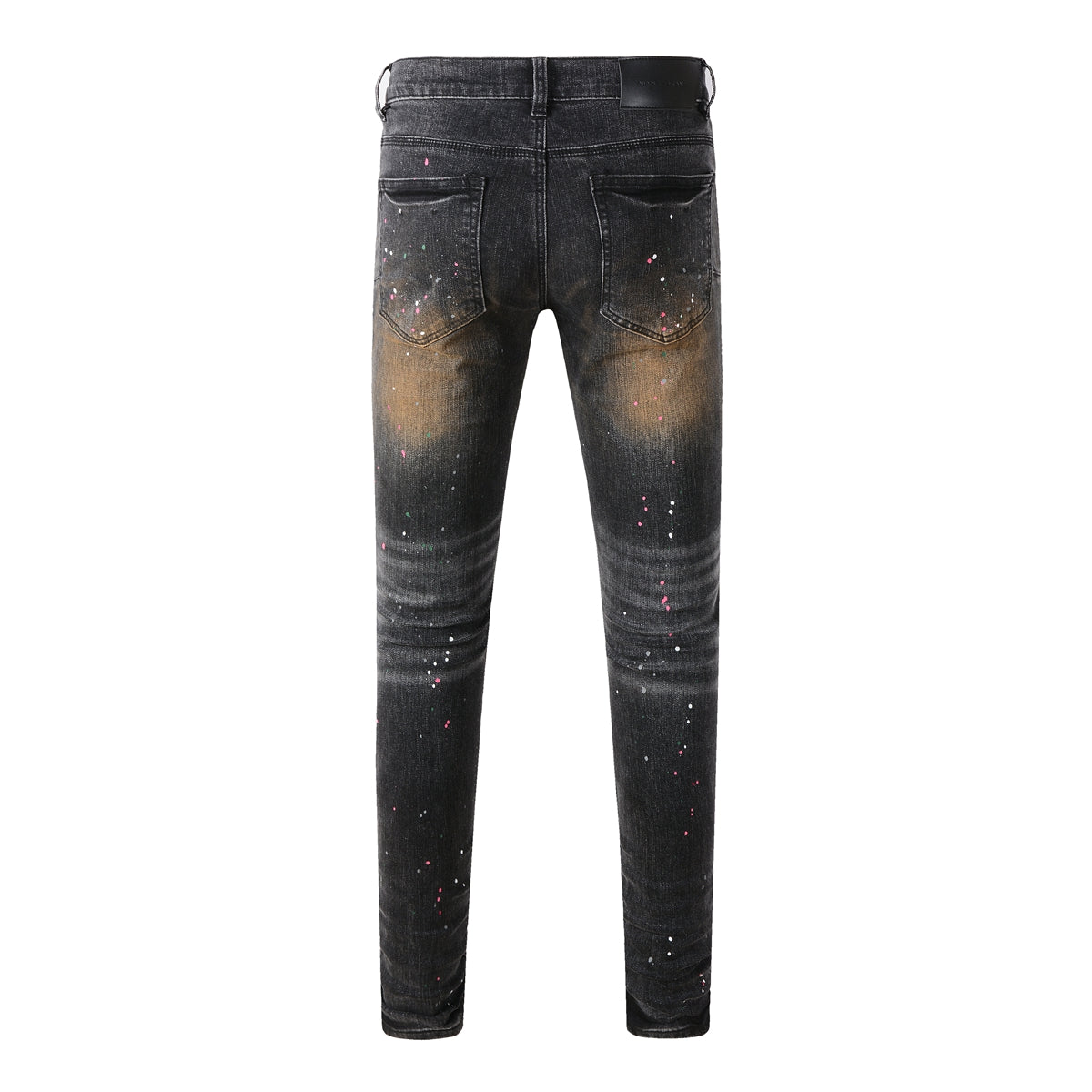 Men’s Black Skinny Jeans with Rust-Toned Wash and Multicolor Paint Splatter Artistic Distressed Street 9109