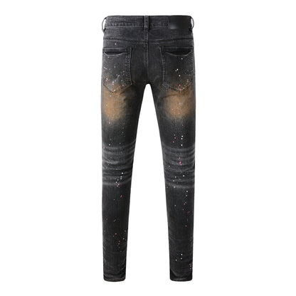 Men’s Black Skinny Jeans with Rust-Toned Wash and Multicolor Paint Splatter Artistic Distressed Street 9109