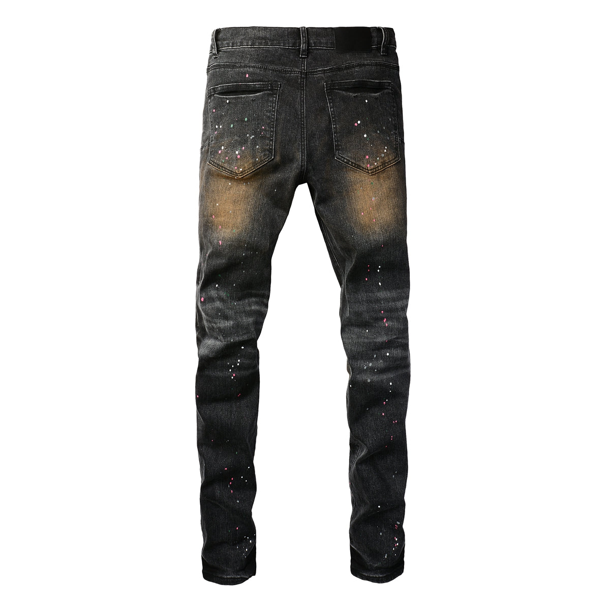 Men’s Black Skinny Jeans with Rust-Toned Wash and Multicolor Paint Splatter Artistic Distressed Street 9109