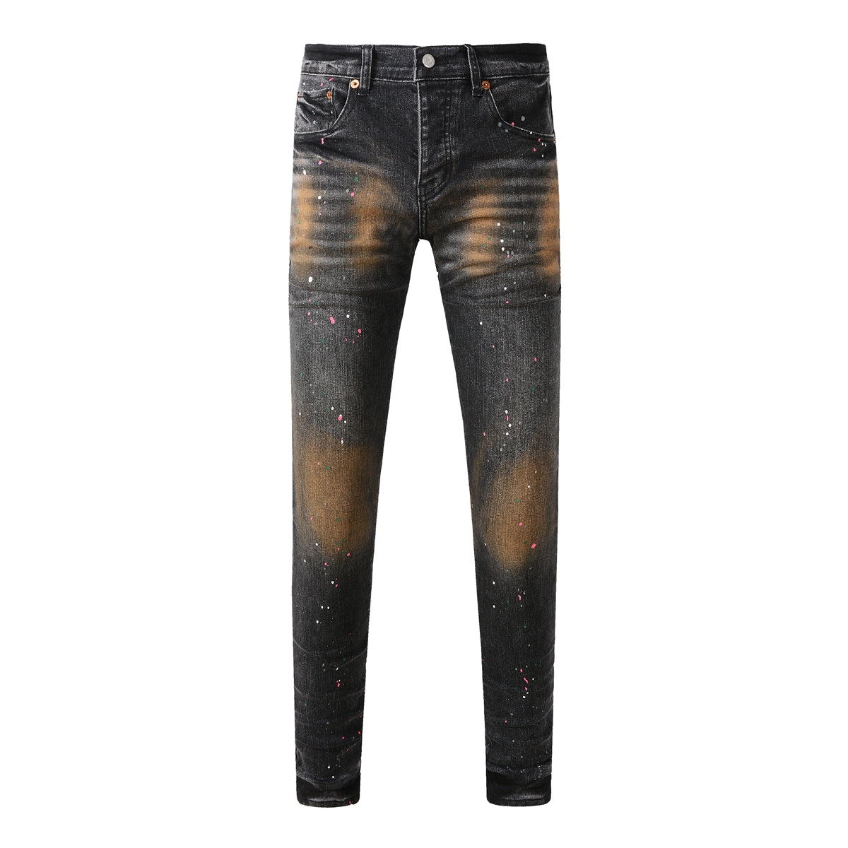 Men’s Black Skinny Jeans with Rust-Toned Wash and Multicolor Paint Splatter Artistic Distressed Street 9109