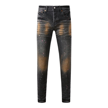 Men’s Black Skinny Jeans with Rust-Toned Wash and Multicolor Paint Splatter Artistic Distressed Street 9109