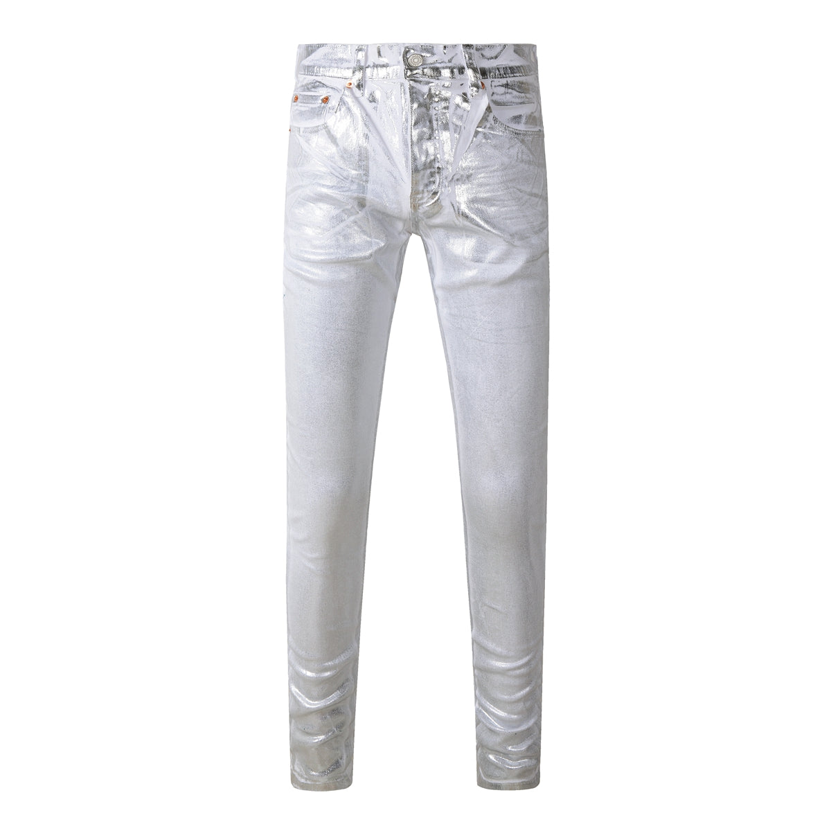 Men Streetwear Jeans Metallic Silver Coated Finish with Futuristic Shine Skinny Fit Statement 9110