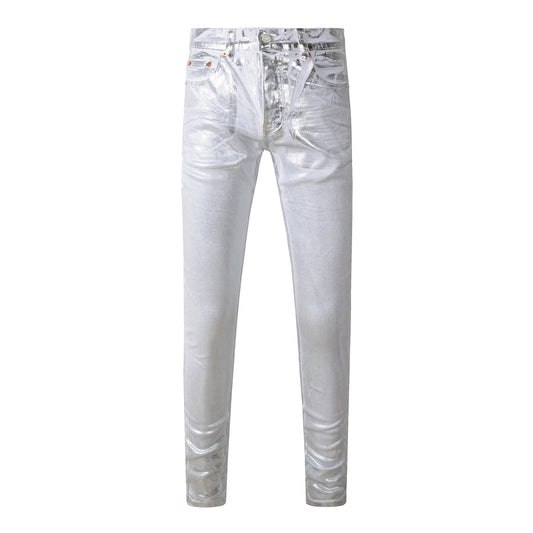 Men Streetwear Jeans Metallic Silver Coated Finish with Futuristic Shine Skinny Fit Statement 9110