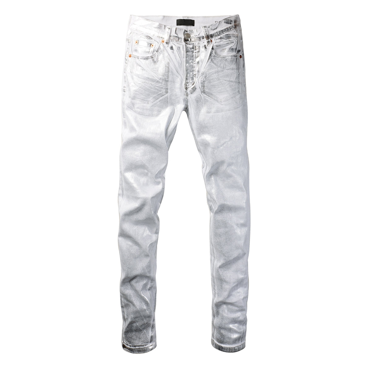 Men Streetwear Jeans Metallic Silver Coated Finish with Futuristic Shine Skinny Fit Statement 9110