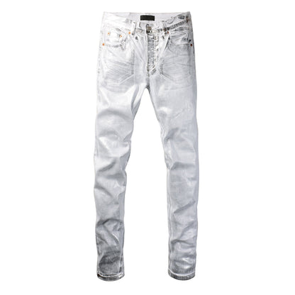 Men Streetwear Jeans Metallic Silver Coated Finish with Futuristic Shine Skinny Fit Statement 9110