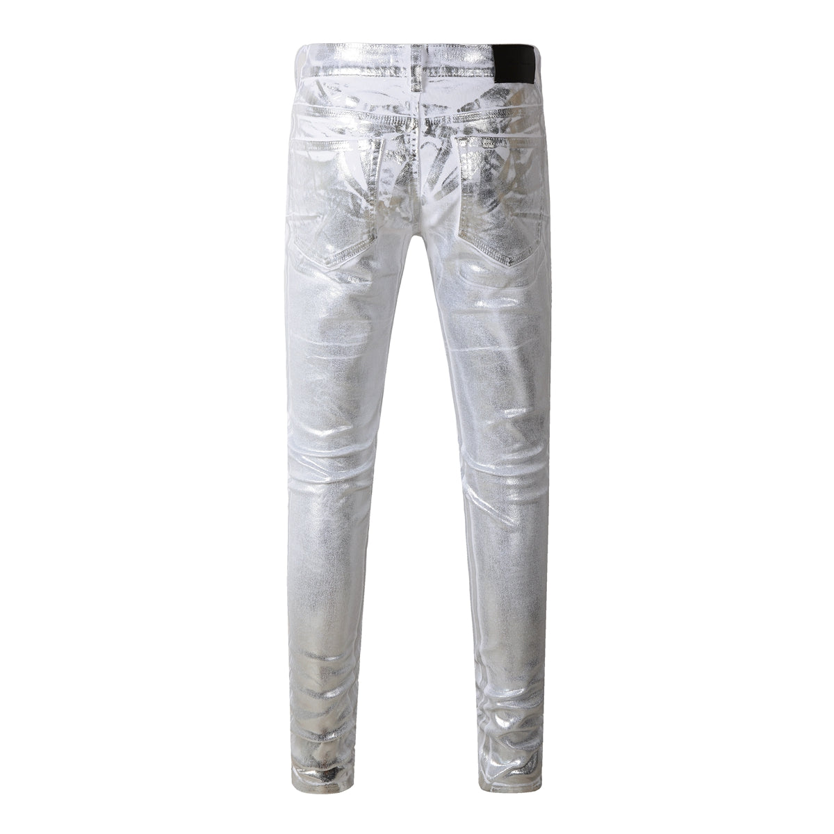 Men Streetwear Jeans Metallic Silver Coated Finish with Futuristic Shine Skinny Fit Statement 9110